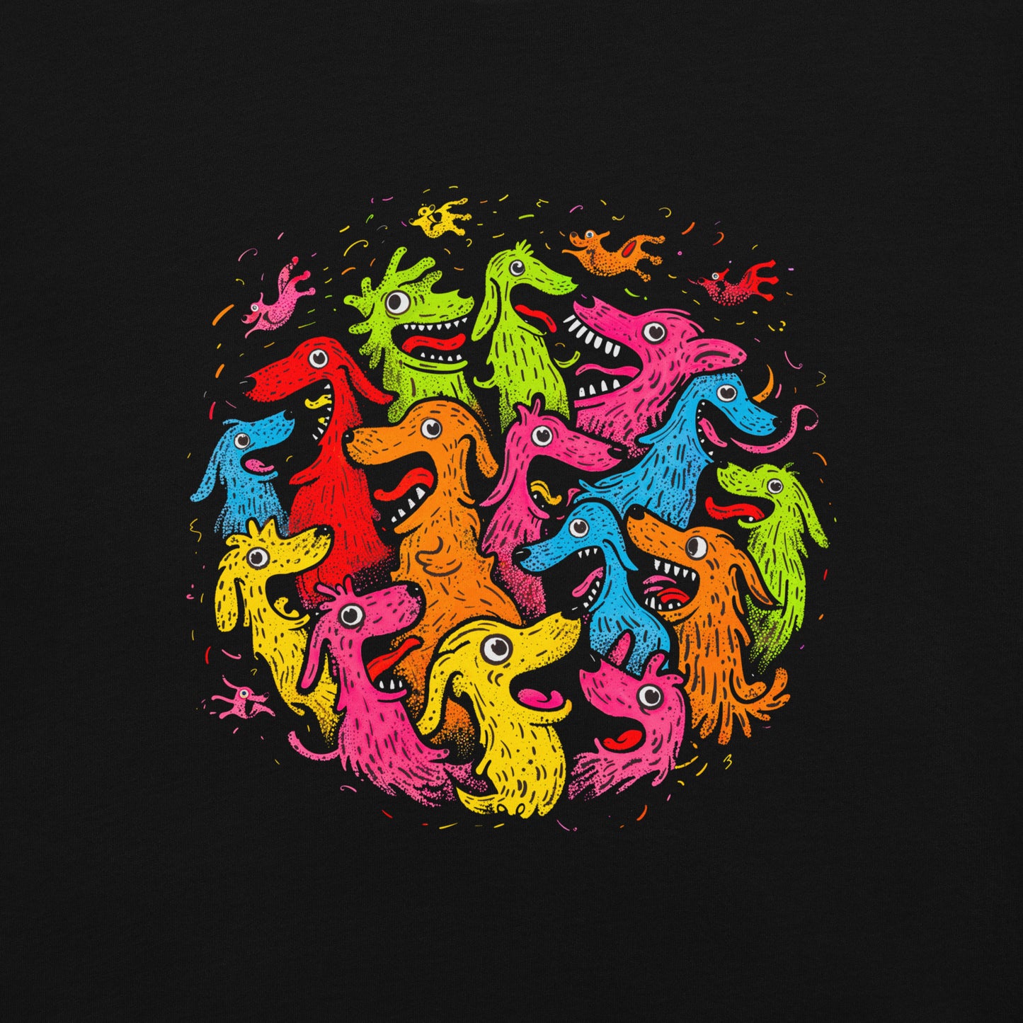 "Neon Dogs" #3 - Schweres textilgefärbtes Unisex-T-Shirt mit DTF-Foliendruck - Schwarz und Navy-Blau