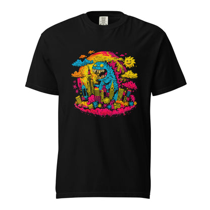 "Neon Monsters" #1 - Schweres textilgefärbtes Unisex-T-Shirt mit DTF-Foliendruck - Schwarz und Navy-Blau