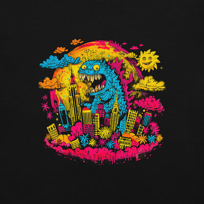"Neon Monsters" #1 - Schweres textilgefärbtes Unisex-T-Shirt mit DTF-Foliendruck - Schwarz und Navy-Blau
