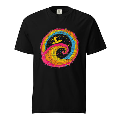"Neon Surf" #1 - Schweres textilgefärbtes Unisex-T-Shirt mit DTF-Foliendruck - Schwarz und Navy-Blau
