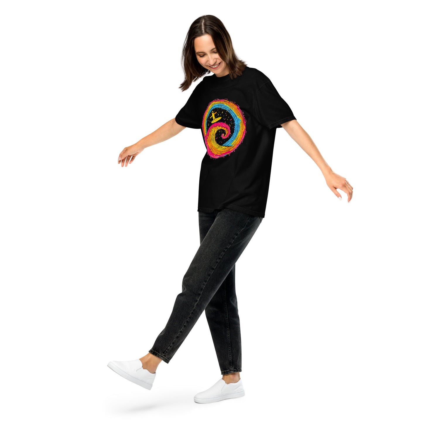 "Neon Surf" #1 - Schweres textilgefärbtes Unisex-T-Shirt mit DTF-Foliendruck - Schwarz und Navy-Blau