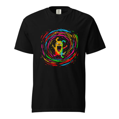 "Neon Dogs" #4 - Schweres textilgefärbtes Unisex-T-Shirt mit DTF-Foliendruck - Schwarz und Navy-Blau