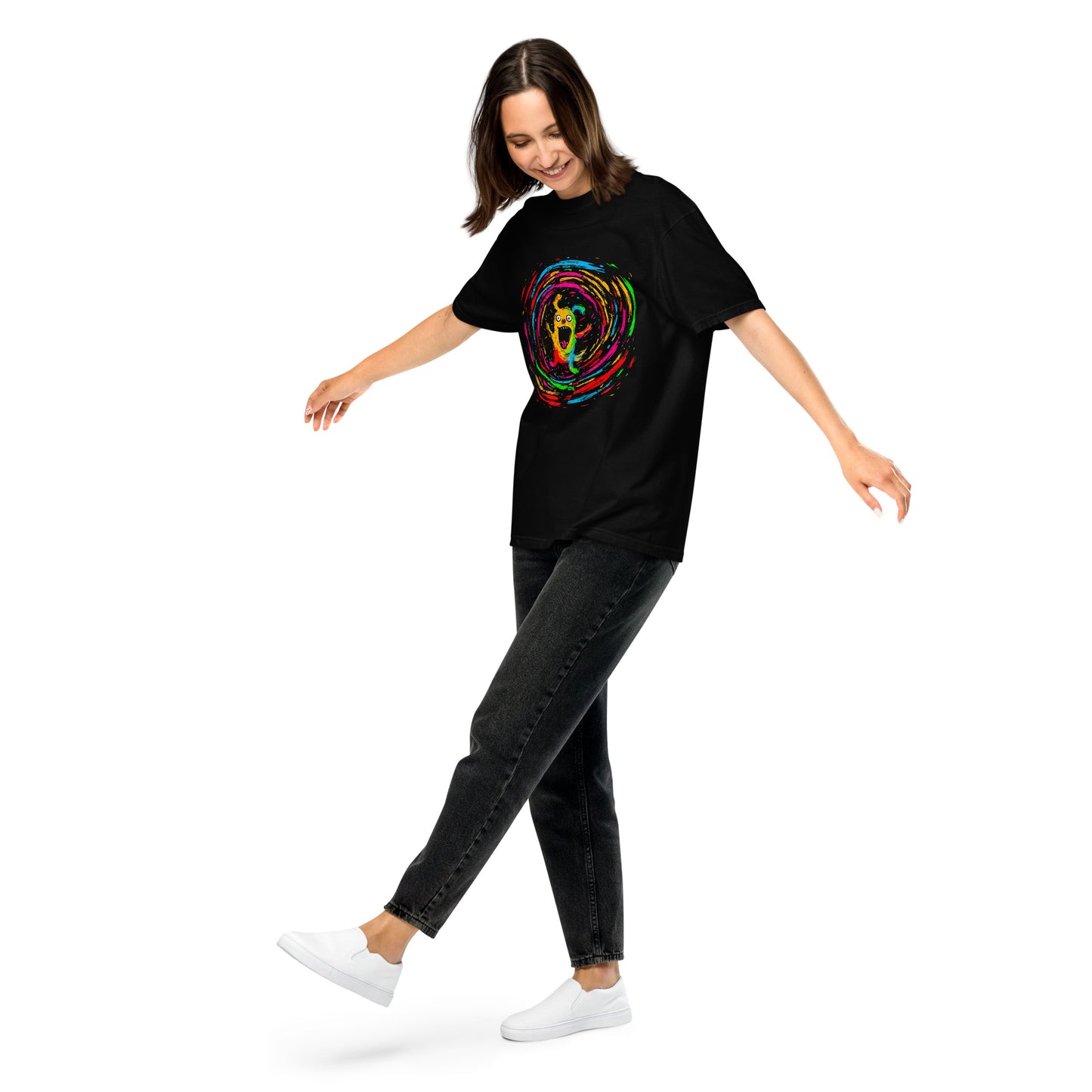"Neon Dogs" #4 - Schweres textilgefärbtes Unisex-T-Shirt mit DTF-Foliendruck - Schwarz und Navy-Blau