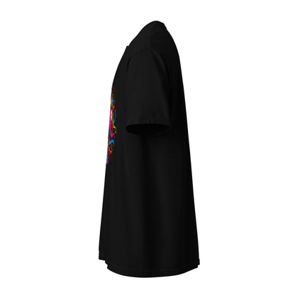 "Neon Unicorn" - Schweres textilgefärbtes Unisex-T-Shirt mit DTF-Foliendruck - Schwarz und Navy-Blau