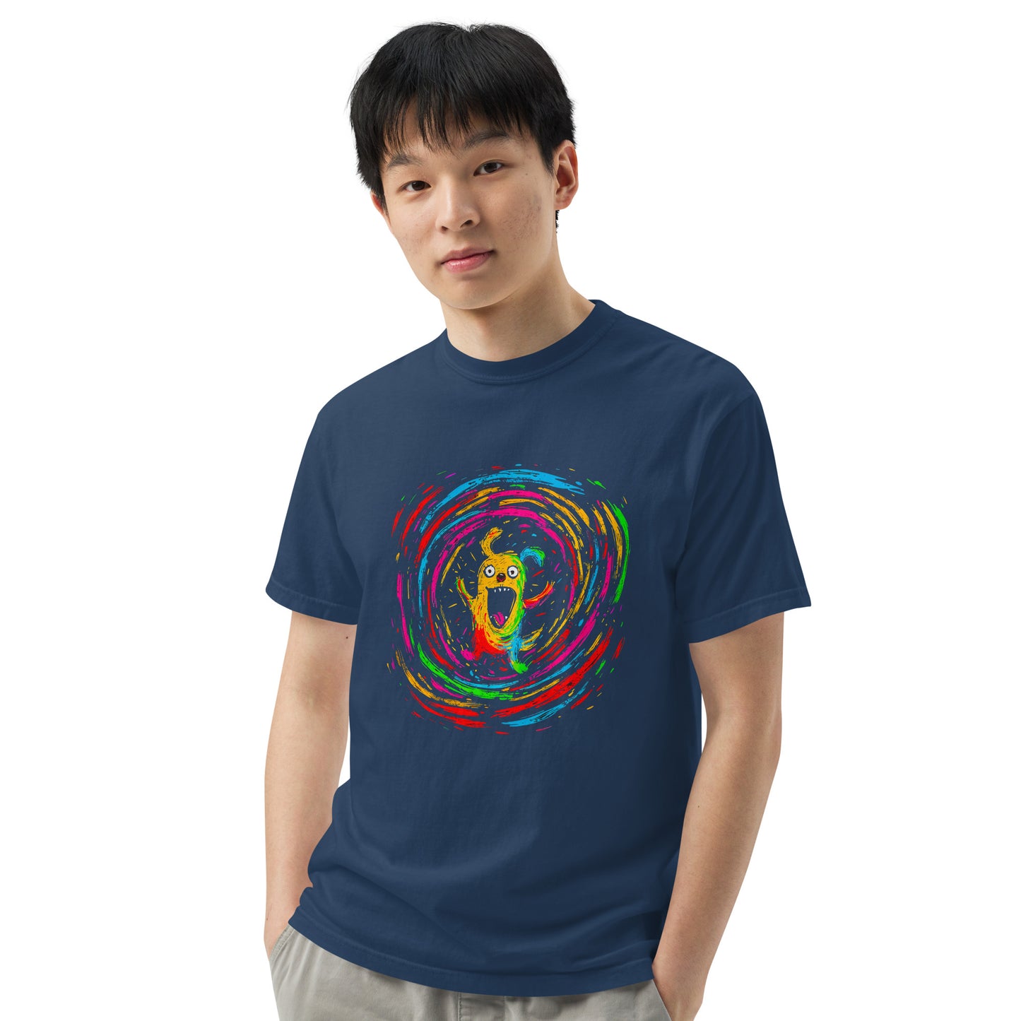"Neon Dogs" #4 - Schweres textilgefärbtes Unisex-T-Shirt mit DTF-Foliendruck - Schwarz und Navy-Blau