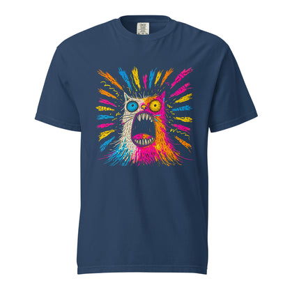 "Neon Cat" #1 - Schweres textilgefärbtes Unisex-T-Shirt mit DTF-Foliendruck - Schwarz und Navy-Blau