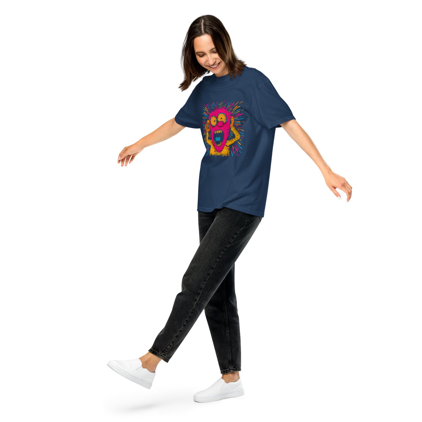 "Neon Photographer" - Schweres textilgefärbtes Unisex-T-Shirt mit DTF-Foliendruck - Schwarz und Navy-Blau