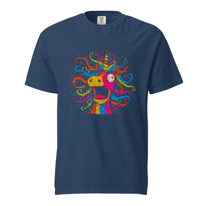 "Neon Unicorn" - Schweres textilgefärbtes Unisex-T-Shirt mit DTF-Foliendruck - Schwarz und Navy-Blau
