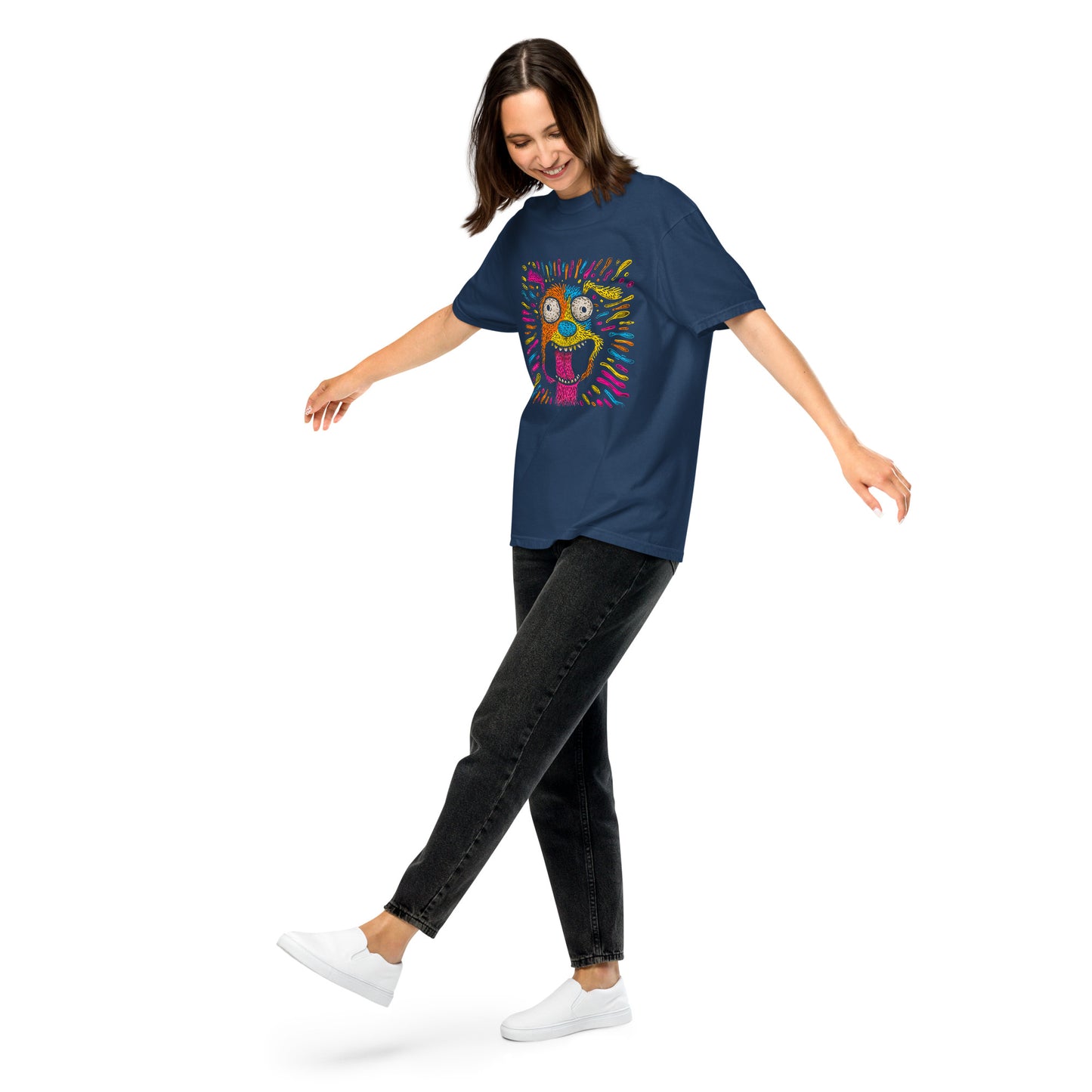"Neon Dogs" #1 - Schweres textilgefärbtes Unisex-T-Shirt mit DTF-Foliendruck - Schwarz und Navy-Blau