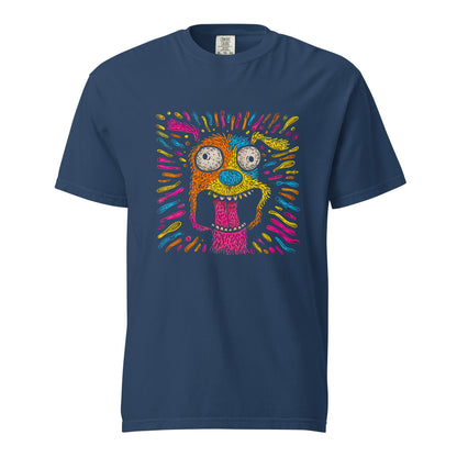 "Neon Dogs" #1 - Schweres textilgefärbtes Unisex-T-Shirt mit DTF-Foliendruck - Schwarz und Navy-Blau