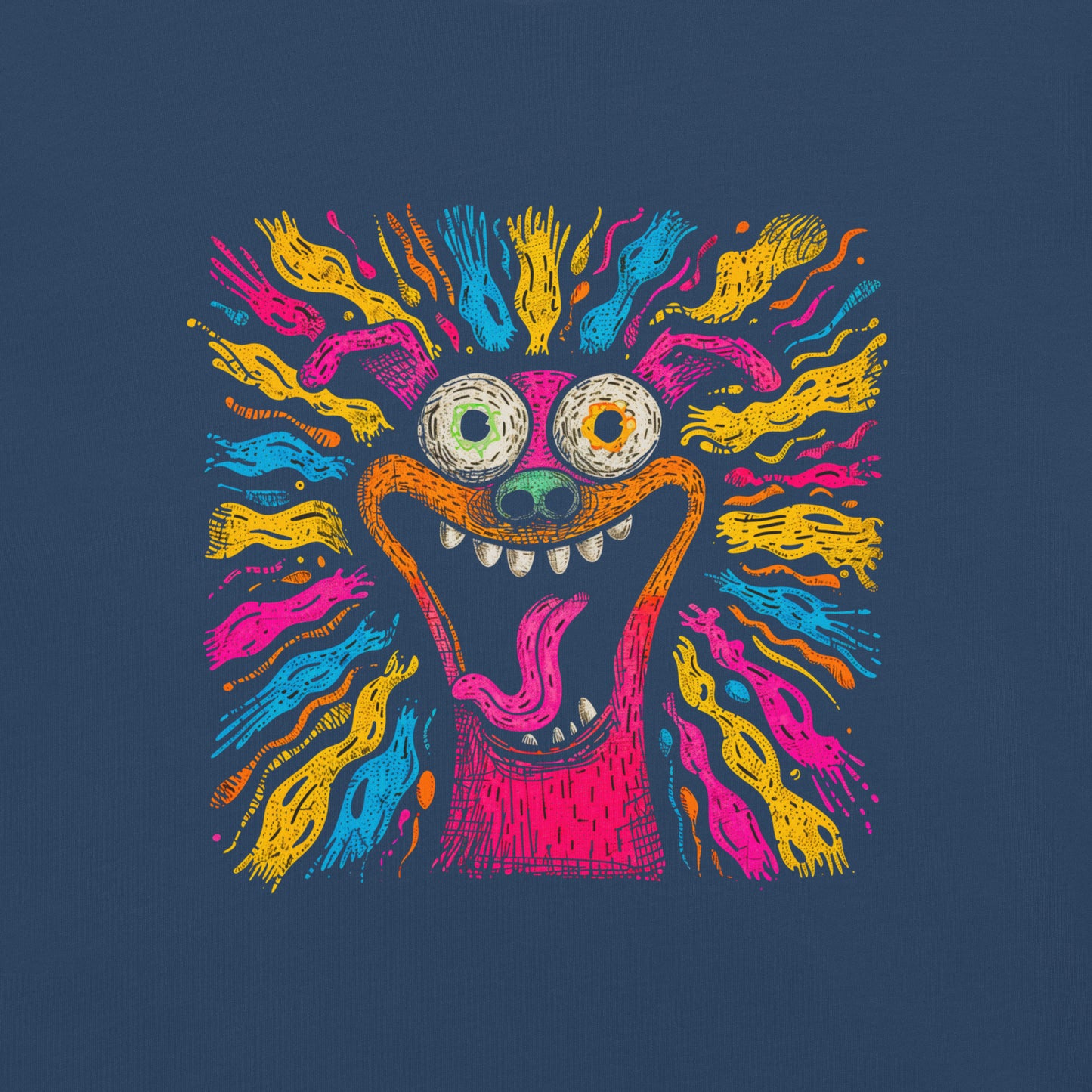 "Neon Dogs" #2 - Schweres textilgefärbtes Unisex-T-Shirt mit DTF-Foliendruck - Schwarz und Navy-Blau