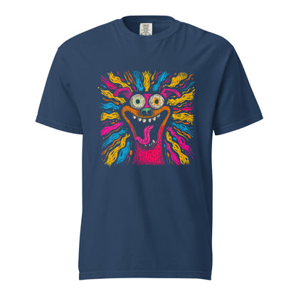 "Neon Dogs" #2 - Schweres textilgefärbtes Unisex-T-Shirt mit DTF-Foliendruck - Schwarz und Navy-Blau