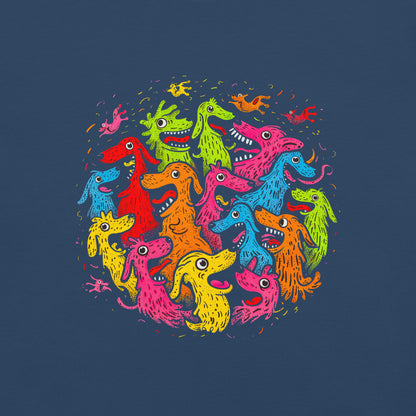 "Neon Dogs" #3 - Schweres textilgefärbtes Unisex-T-Shirt mit DTF-Foliendruck - Schwarz und Navy-Blau