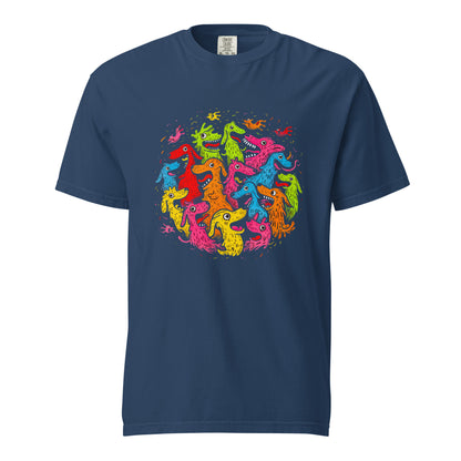 "Neon Dogs" #3 - Schweres textilgefärbtes Unisex-T-Shirt mit DTF-Foliendruck - Schwarz und Navy-Blau