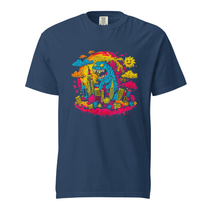 "Neon Monsters" #1 - Schweres textilgefärbtes Unisex-T-Shirt mit DTF-Foliendruck - Schwarz und Navy-Blau