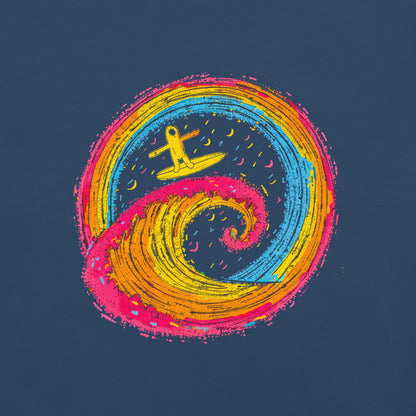 "Neon Surf" #1 - Schweres textilgefärbtes Unisex-T-Shirt mit DTF-Foliendruck - Schwarz und Navy-Blau