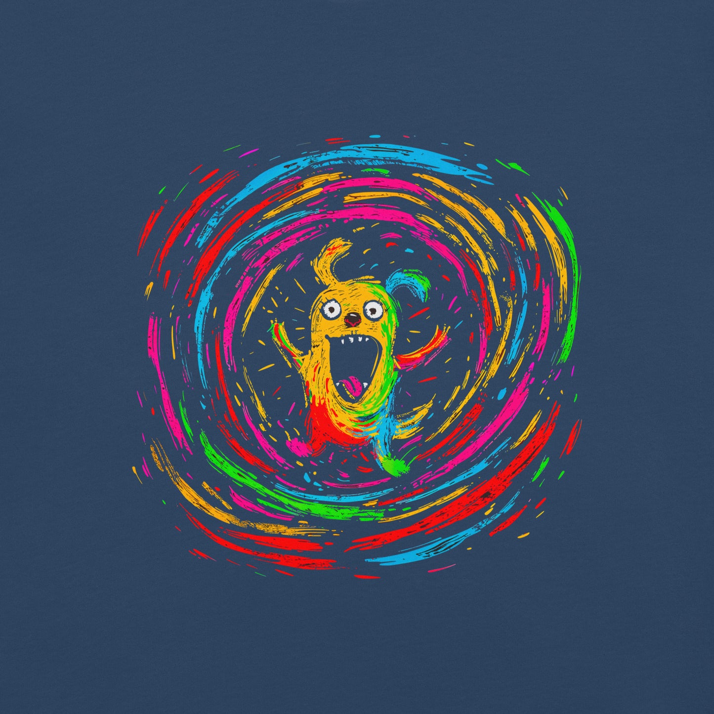 "Neon Dogs" #4 - Schweres textilgefärbtes Unisex-T-Shirt mit DTF-Foliendruck - Schwarz und Navy-Blau