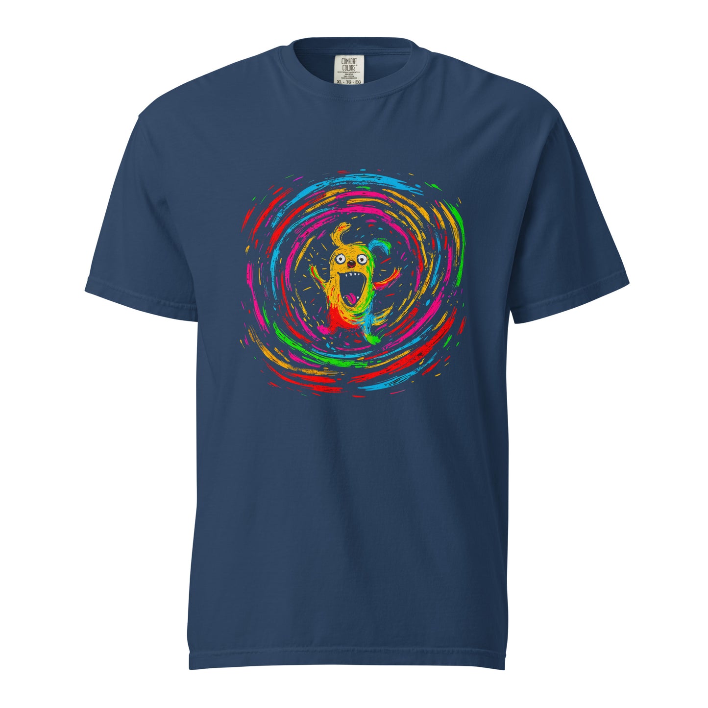 "Neon Dogs" #4 - Schweres textilgefärbtes Unisex-T-Shirt mit DTF-Foliendruck - Schwarz und Navy-Blau
