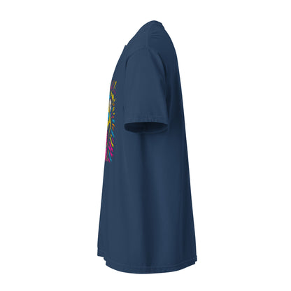 "Neon Dogs" #1 - Schweres textilgefärbtes Unisex-T-Shirt mit DTF-Foliendruck - Schwarz und Navy-Blau