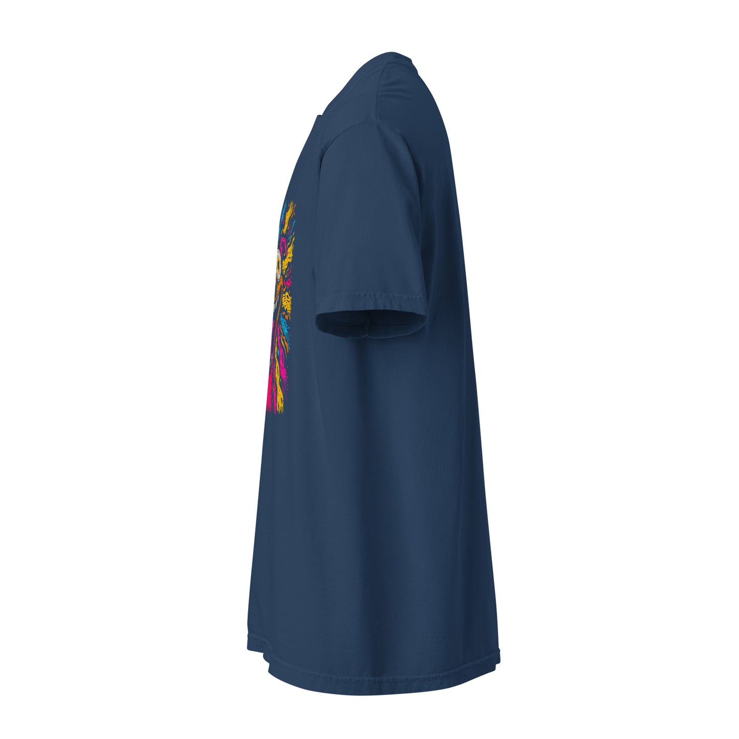 "Neon Dogs" #2 - Schweres textilgefärbtes Unisex-T-Shirt mit DTF-Foliendruck - Schwarz und Navy-Blau