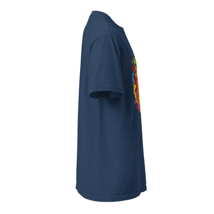 "Neon Dogs" #3 - Schweres textilgefärbtes Unisex-T-Shirt mit DTF-Foliendruck - Schwarz und Navy-Blau