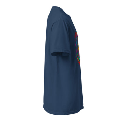 "Neon Dogs" #4 - Schweres textilgefärbtes Unisex-T-Shirt mit DTF-Foliendruck - Schwarz und Navy-Blau